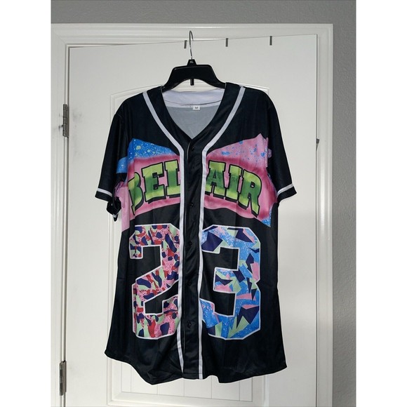 90s Baseball Jersey women’s men’s Hip Hop Unisex’s Bel Air Black M - Picture 2 of 9